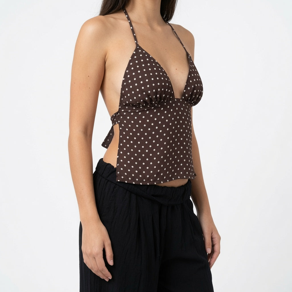 The Elara Sheer-Waist Polka-Dot Halter Top