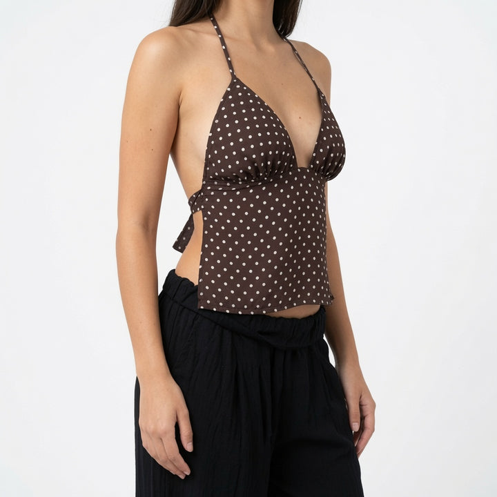 The Elara Sheer-Waist Polka-Dot Halter Top