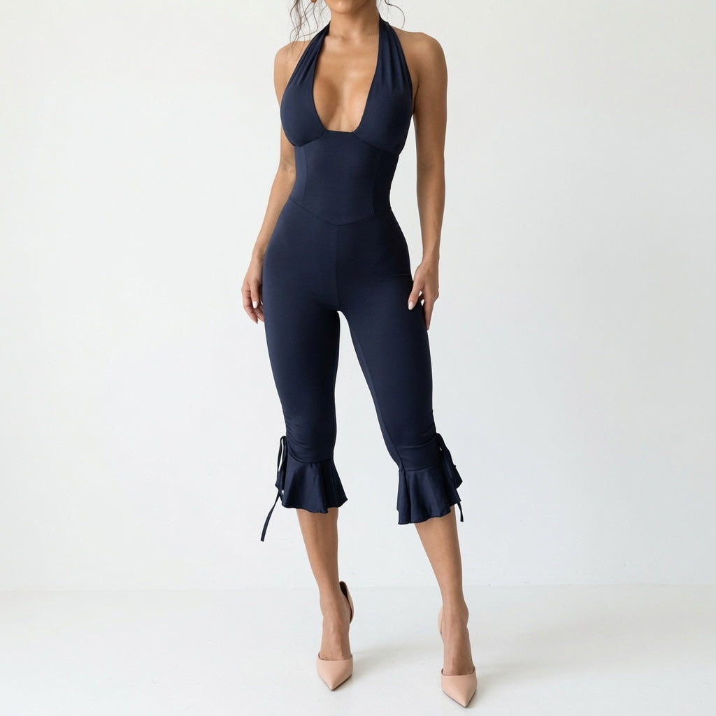 The Elara Deep V  Ruffle Flare Capri Jumpsuit