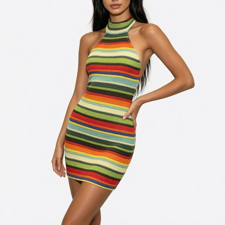 The Elara Rainbow Stripe Halter Dress