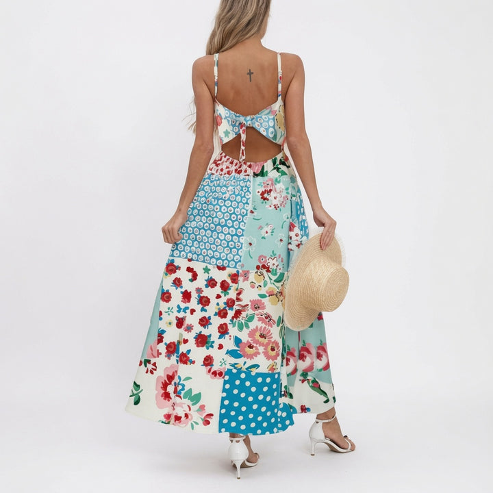 The Elara Bohemian Patchwork Open Back Tie Maxi Dress