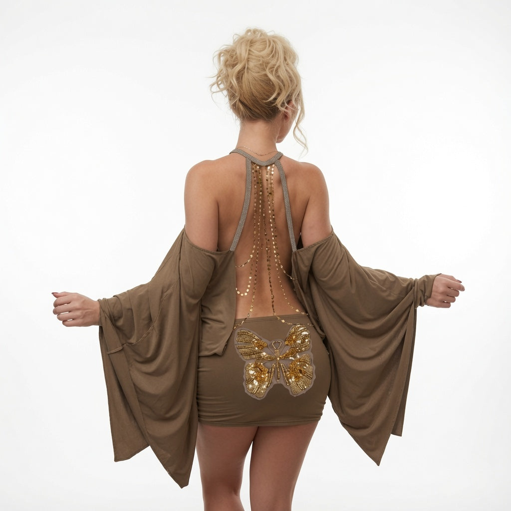 The Elara Butterfly Chain Backless Mini Dress