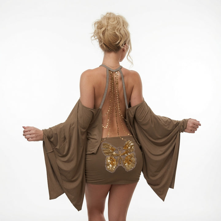 The Elara Butterfly Chain Backless Mini Dress