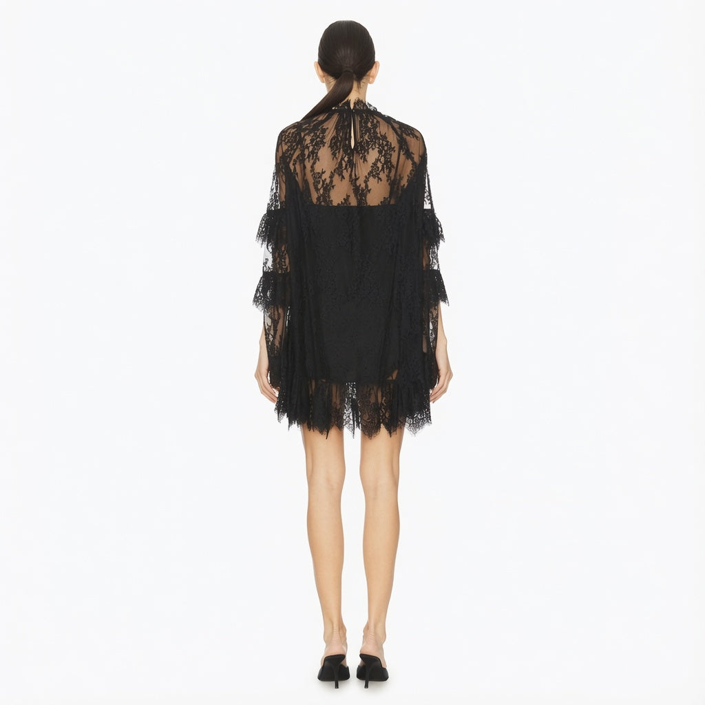 The Elara Sheer Lace Ruffle Mini Dress