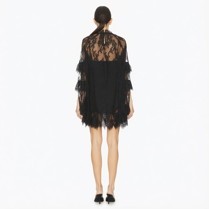 The Elara Sheer Lace Ruffle Mini Dress