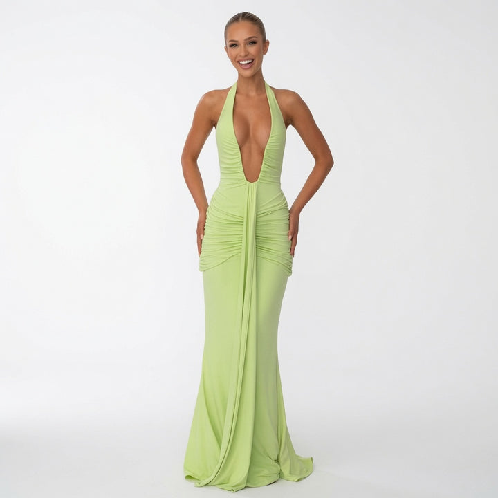 The Elara Plunging Ruched Mermaid Dress