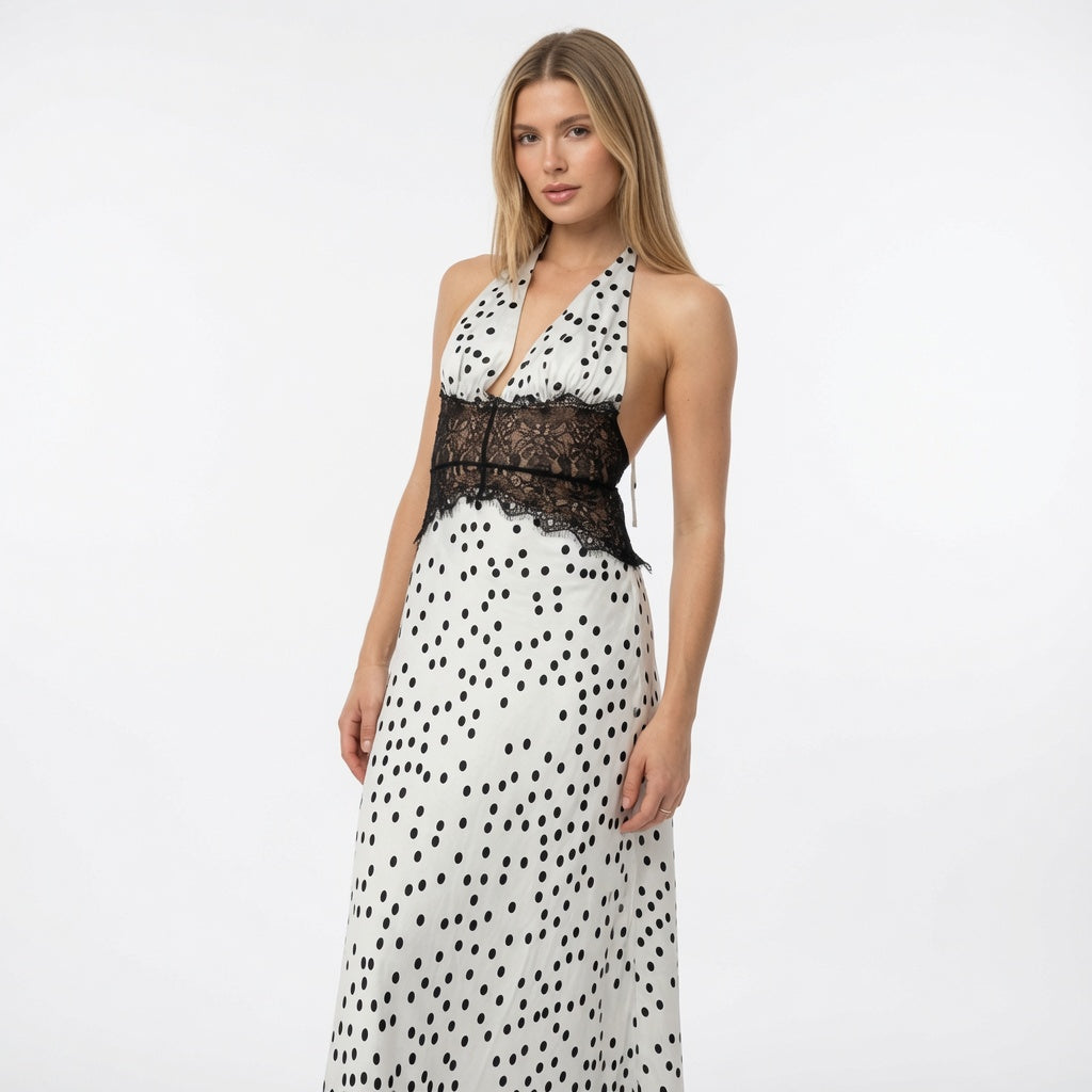 The Elara Lace Polka Dot Maxi Dress