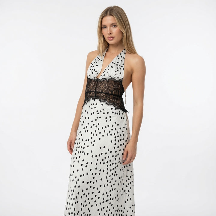 The Elara Lace Polka Dot Maxi Dress