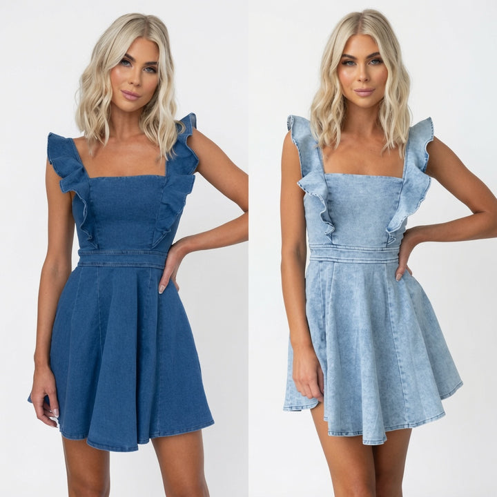 The Elara Ruffled Square Neck Denim Mini Dress