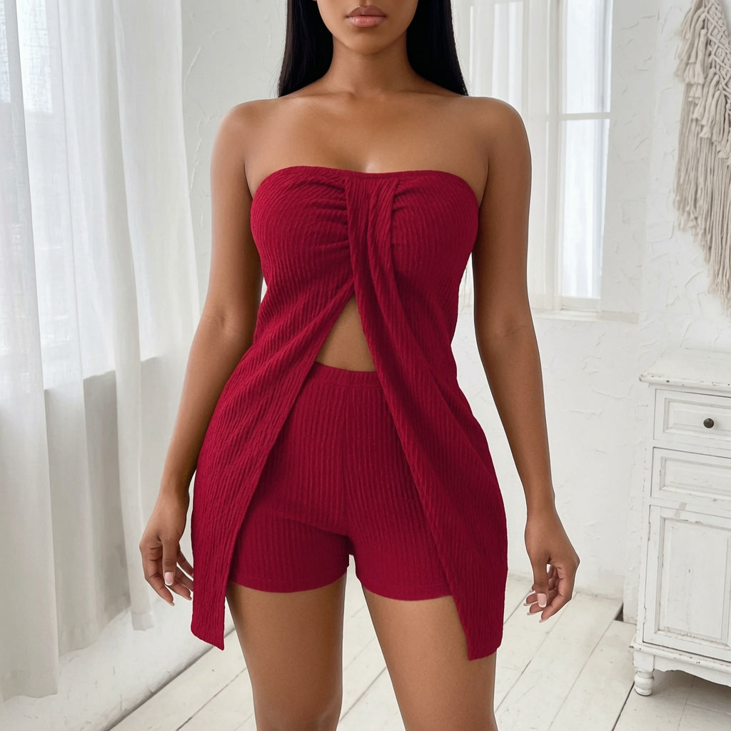 The Elara Textured Twist Front Cutout Top and Shorts Set