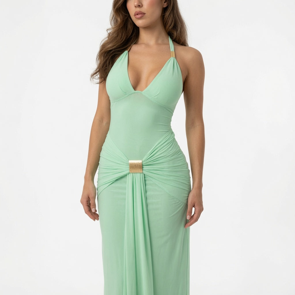 The Elara Celeste Gold Detail Halter Maxi Dress