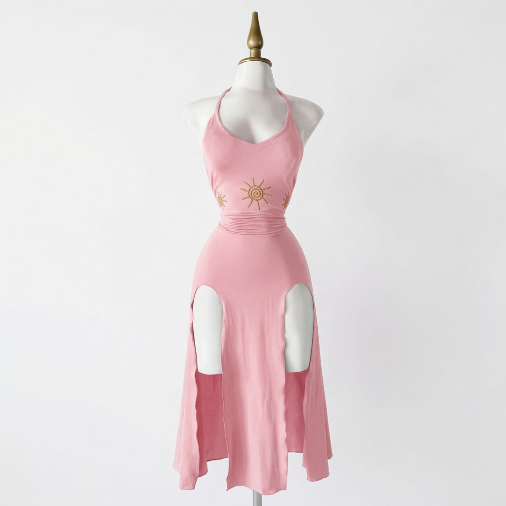 The Elara Sun Embroidered Halter Split Midi Dress