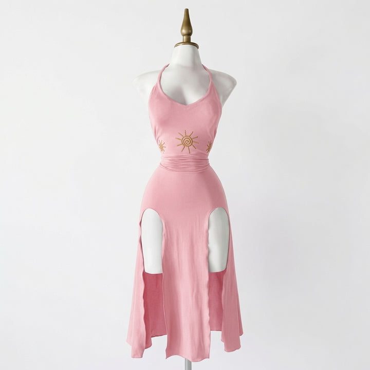 The Elara Sun Embroidered Halter Split Midi Dress