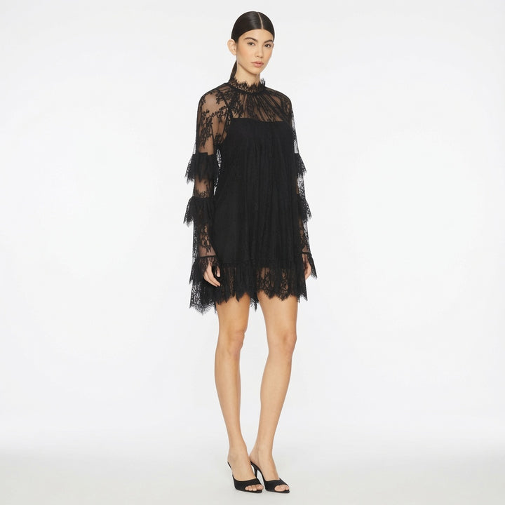 The Elara Sheer Lace Ruffle Mini Dress