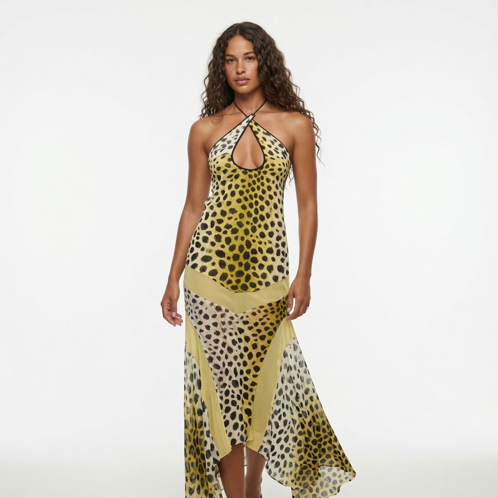 The Elara Golden Leopard  Halter Dress