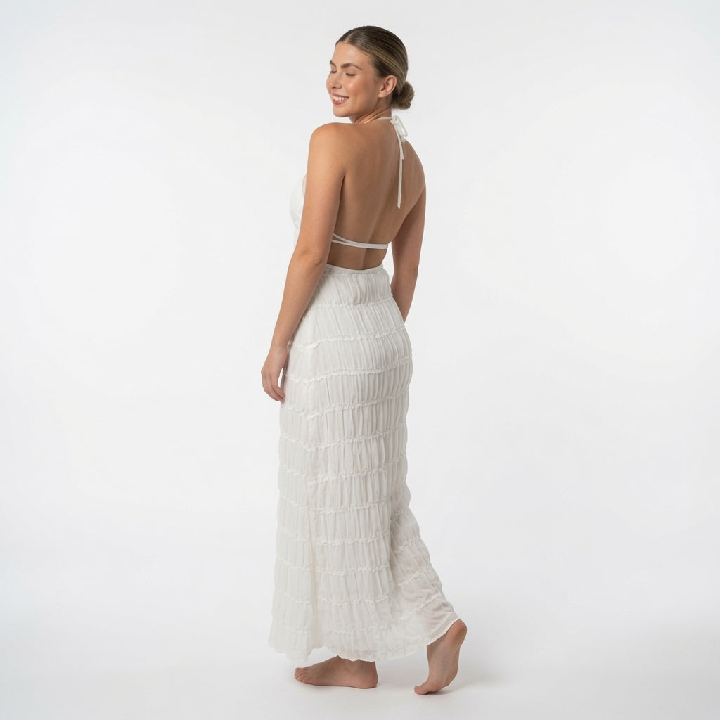 The Elara Tiered Crinkle Halter Maxi Dress