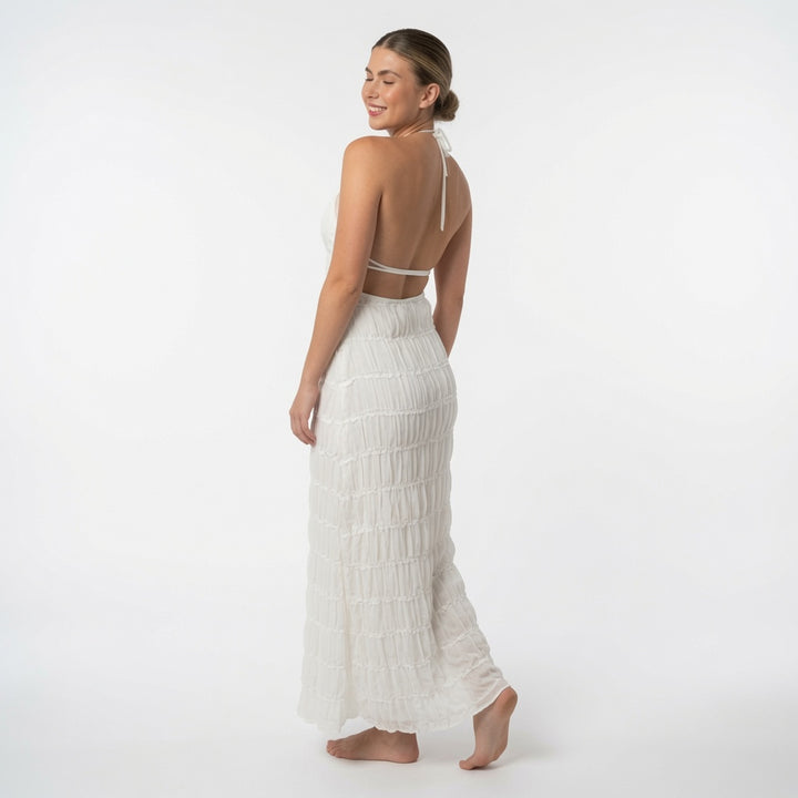 The Elara Tiered Crinkle Halter Maxi Dress