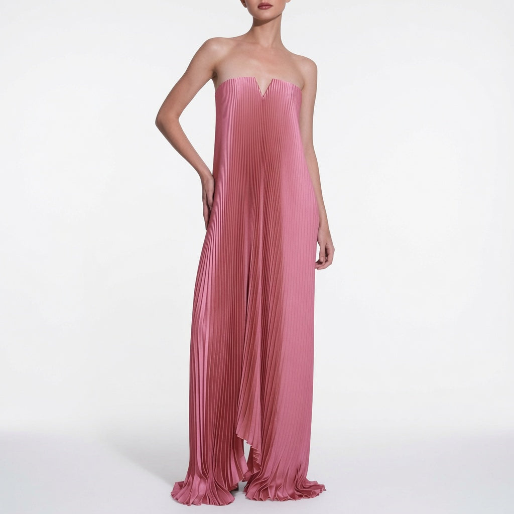 The Elara Metallic Strapless Pleated A-Line Maxi Dress