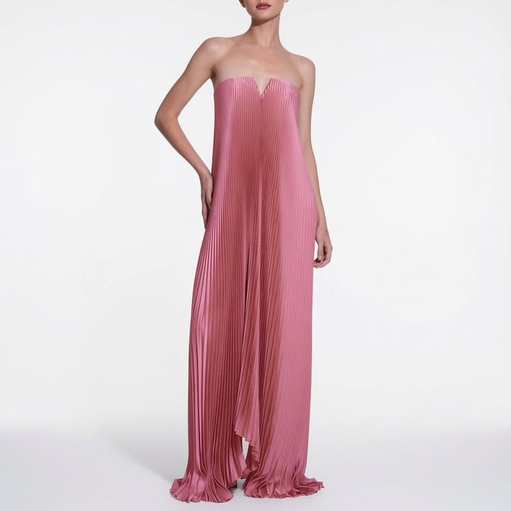 The Elara Metallic Strapless Pleated A-Line Maxi Dress