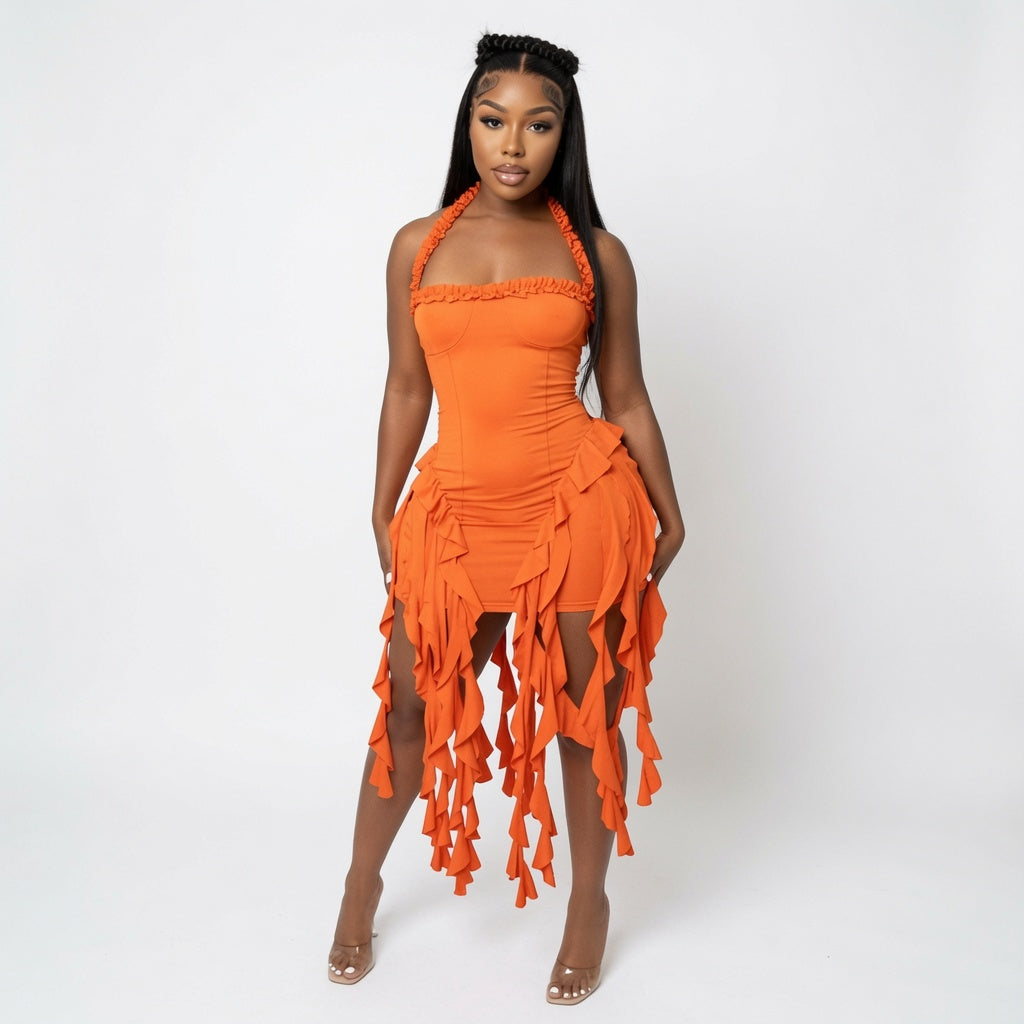 The Elara Fringed Halter Bodycon Mini
