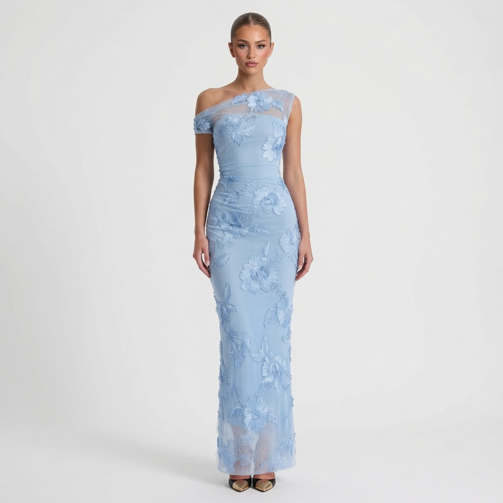 The Elara One-Shoulder 3D Floral Lace Maxi Dress