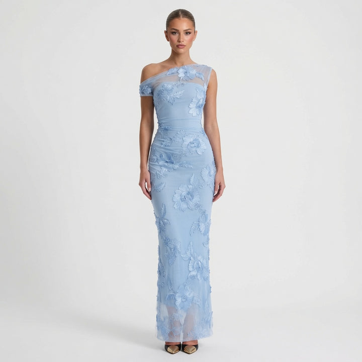 The Elara One-Shoulder 3D Floral Lace Maxi Dress