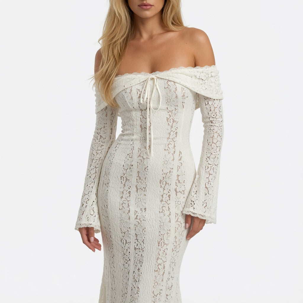 The Elara Lace Off Shoulder Maxi Dress