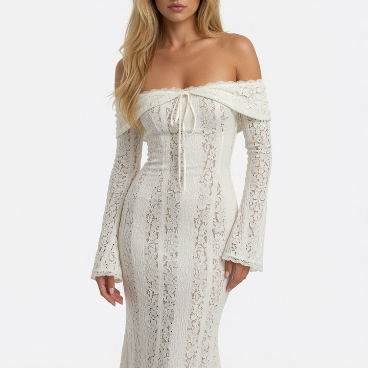 The Elara Lace Off Shoulder Maxi Dress