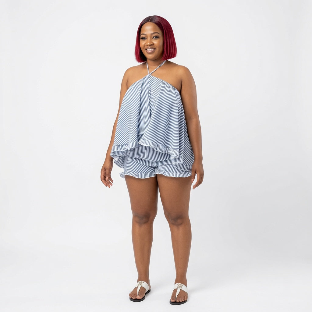 The Elara Striped Halter Ruffle Shorts Set