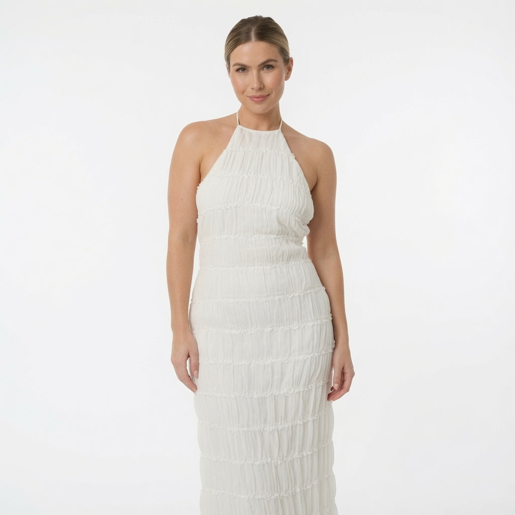 The Elara Tiered Crinkle Halter Maxi Dress