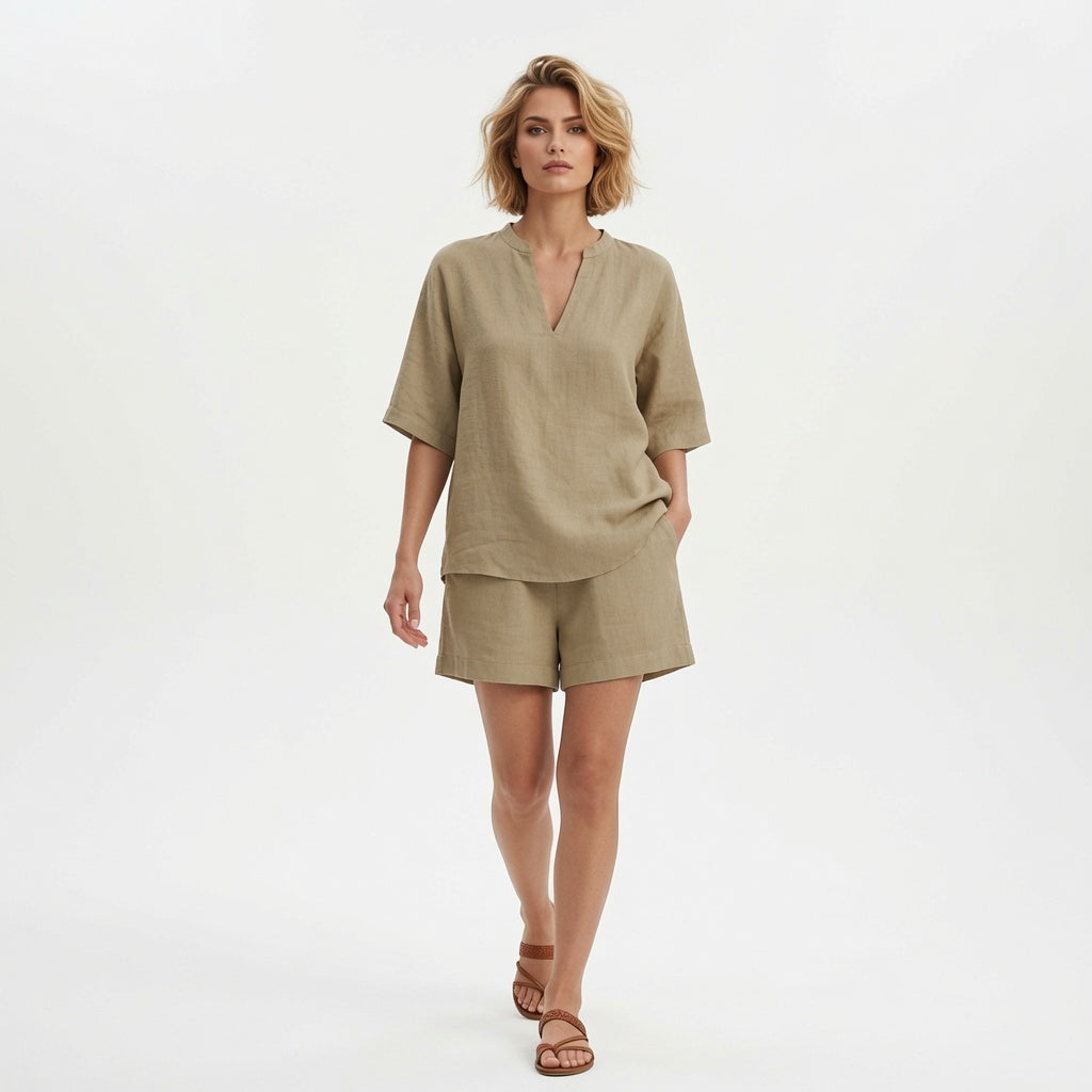 The Elara Linen Breeze Deep V Two Piece Set