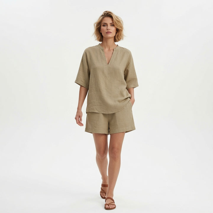 The Elara Linen Breeze Deep V Two Piece Set