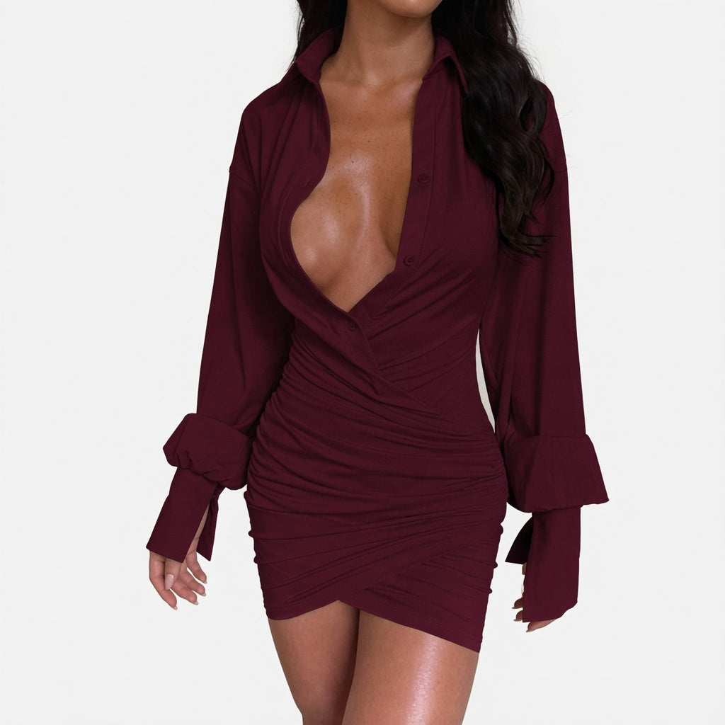 The Elara Ruched Wrap Shirt Mini Dress