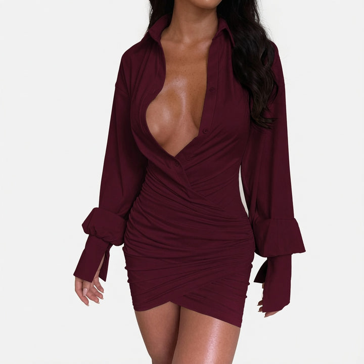 The Elara Ruched Wrap Shirt Mini Dress