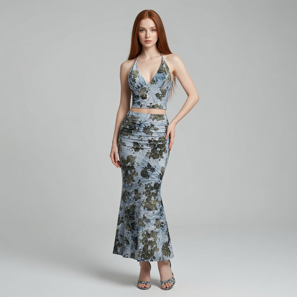 The Elara Floral Halter Deep V Ruched Fishtail Set