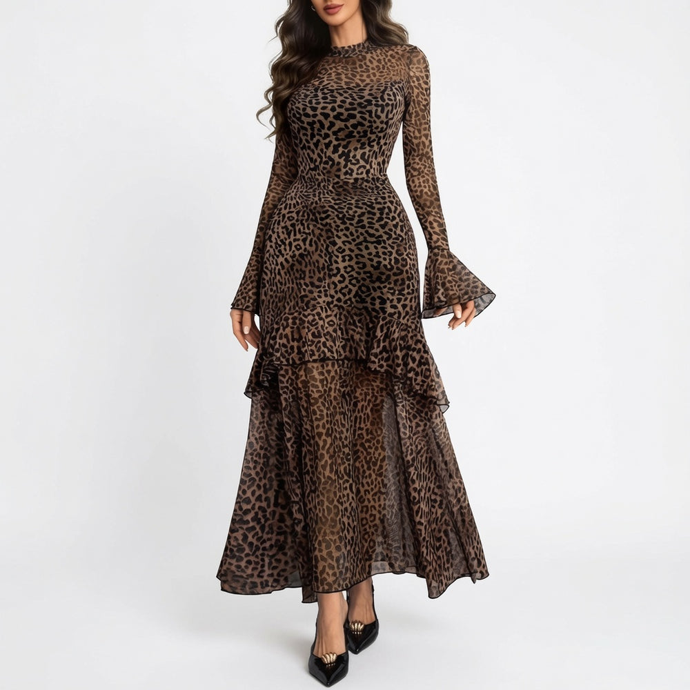 The Elara Leopard Mesh Tiered Ruffle Maxi