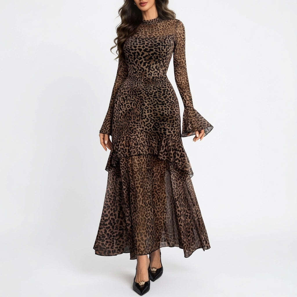The Elara Leopard Mesh Tiered Ruffle Maxi