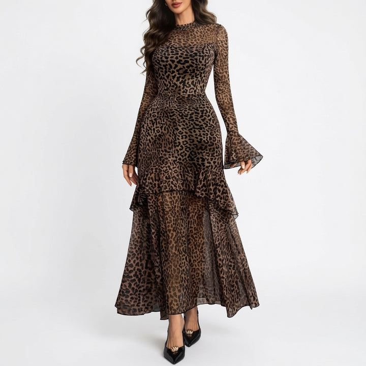The Elara Leopard Mesh Tiered Ruffle Maxi