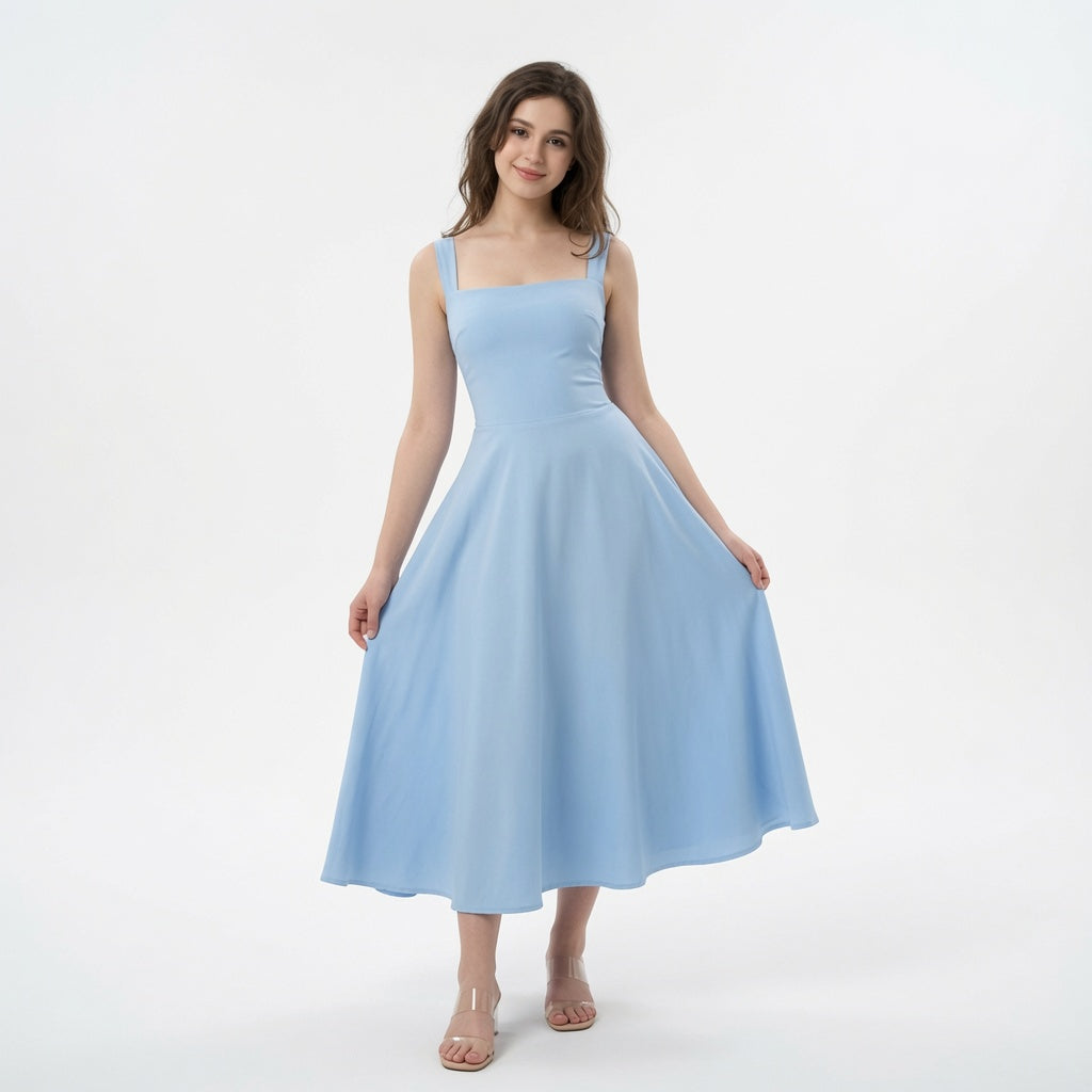 The Elara Square Neck Back Tie A-Line Midi Dress