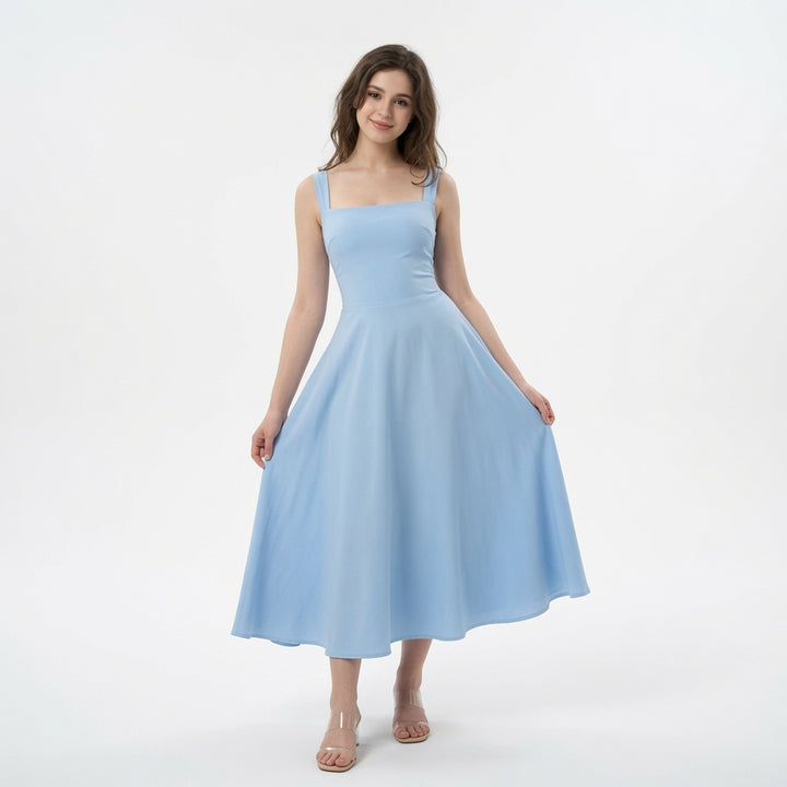 The Elara Square Neck Back Tie A-Line Midi Dress
