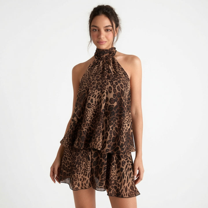 The Elara Leopard Halter Ruffle Mini Dress