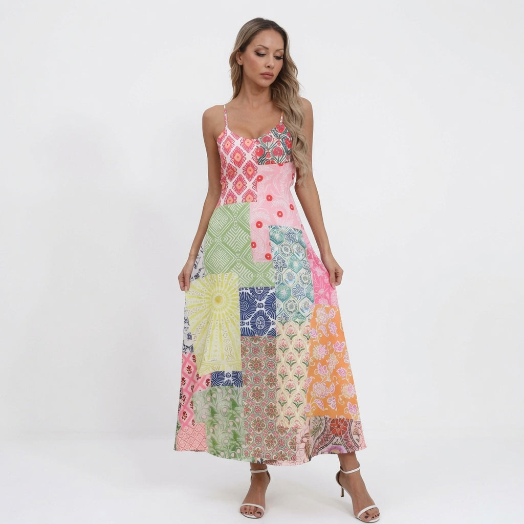 The Elara Bohemian Patchwork Open Back Tie Maxi Dress