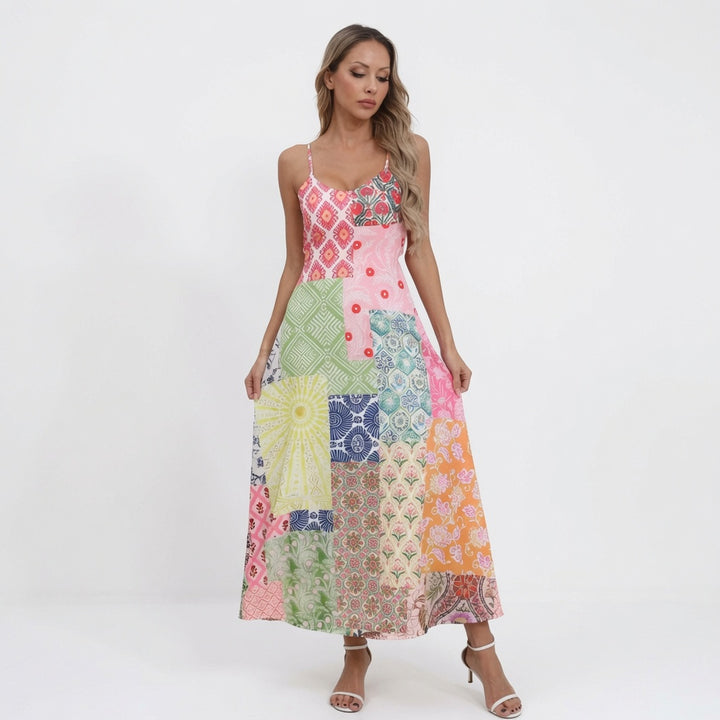 The Elara Bohemian Patchwork Open Back Tie Maxi Dress