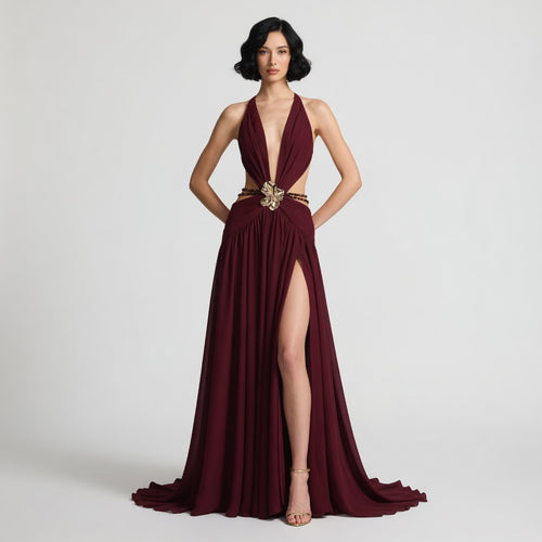 The Elara Deep V Backless Orchid Brooch Gown
