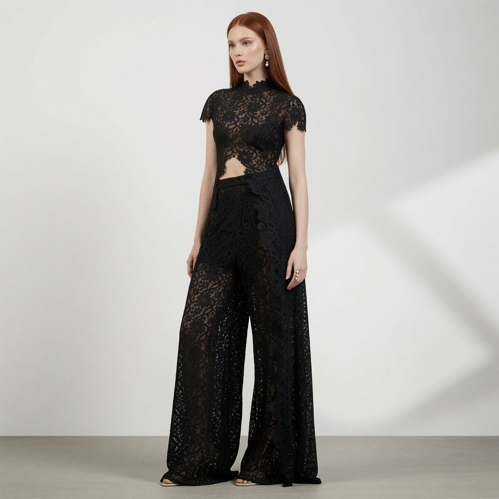 The Elara High Neck Lace Cutout Flowy Set