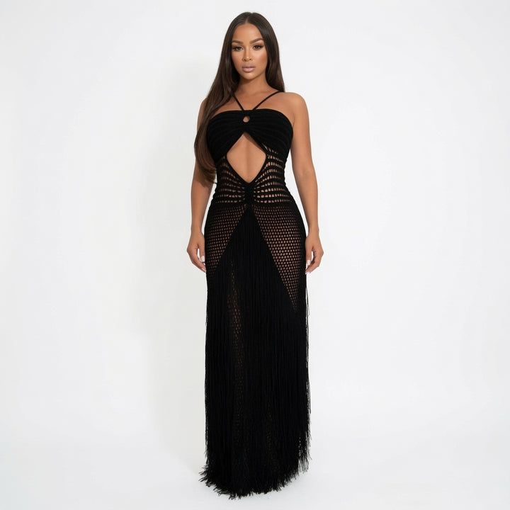 The Elara Boho Fringe Cutout  Crochet  Maxi Dress