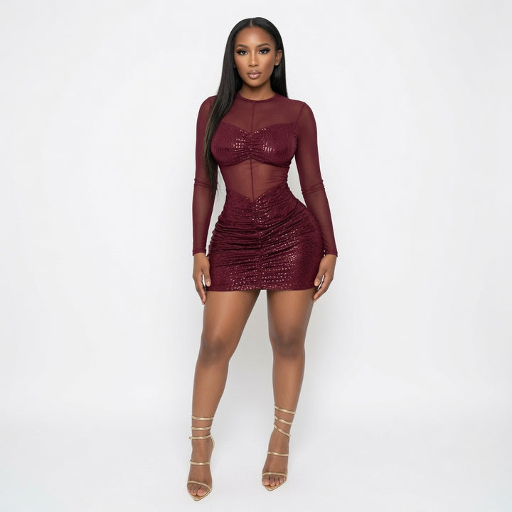 The Elara Sheer Mesh Ruched Bodycon Mini Dress