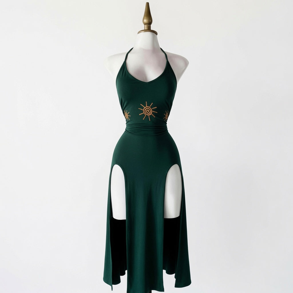 The Elara Sun Embroidered Halter Split Midi Dress