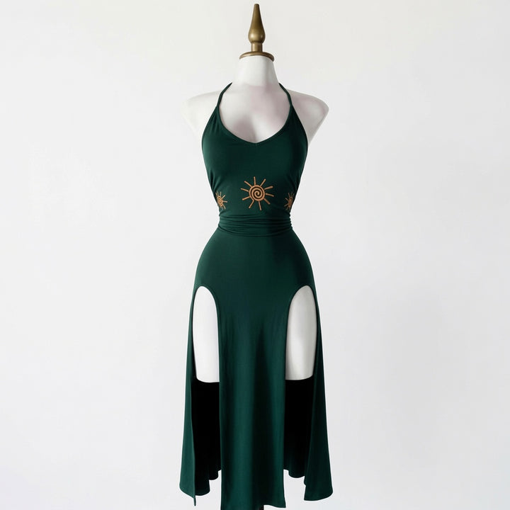 The Elara Sun Embroidered Halter Split Midi Dress