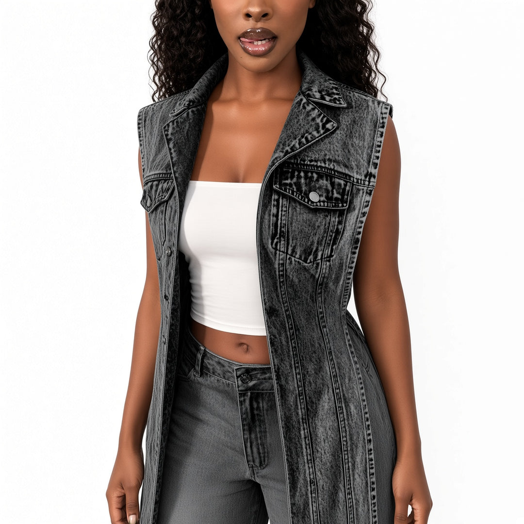 The Elara Longline Sleeveless Denim Vest
